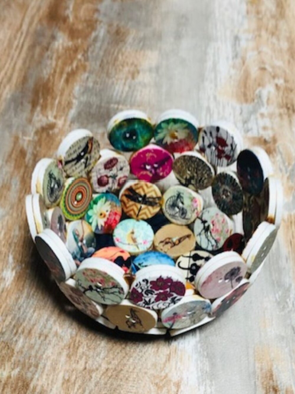 Handmade Eclectic Mixed Vintage Wood Button Catchall Bowl